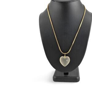 Vintage Frosted Heart Pendant Necklace Rhinestone Gold Tone Snake Chain 18.5"